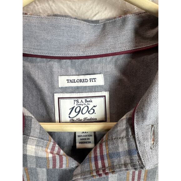 Jos A Banks 1905 Men’s Tailored Fit Long Sleeve Cotton Gray Flannel Plaid Sz XL - Picture 4 of 5